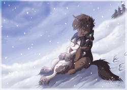 Size: 3508x2480 | Tagged: safe, artist:hecatehell, oc, oc only, oc:angel heart, oc:echoes, pegasus, pony, unicorn, animated, christmas, clothes, female, high res, hoofprints, horn, love, male, mare, scarf, snow, snowfall, snuggling, stallion, unshorn fetlocks, wings