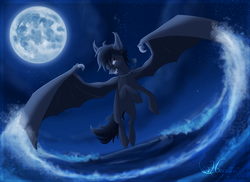 Size: 1024x747 | Tagged: safe, artist:hecatehell, oc, oc only, oc:falling elec, bat pony, pony, fangs, flying, jewelry, male, moon, necklace, night, ocean, stallion, stars