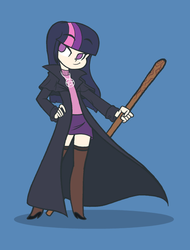 Size: 532x700 | Tagged: safe, artist:khuzang, twilight sparkle, human, g4, clothes, coat, dresden files, fanfic art, female, humanized, jewelry, necklace, pentagram, skirt, solo, staff