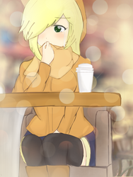 Size: 1536x2048 | Tagged: safe, artist:orz1515, applejack, human, g4, anime, boots, chair, clothes, coat, coffee, coffee shop, crying, female, humanized, sad, scarf, shorts, socks, solo, table, thigh highs, winter