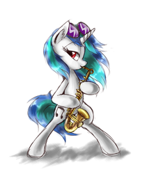 Size: 590x700 | Tagged: safe, artist:luciferamon, dj pon-3, vinyl scratch, pony, g4, bedroom eyes, bipedal, epic sax guy, female, hoof hold, looking at you, musical instrument, red eyes, saxophone, smiling, solo
