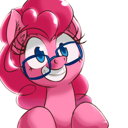 Size: 1280x1280 | Tagged: safe, artist:luciferamon, pinkie pie, earth pony, pony, g4, adorkable, bust, colored pupils, cute, diapinkes, dork, ear fluff, female, glasses, grin, looking at you, meganekko, portrait, simple background, smiling, solo, toothy grin, white background