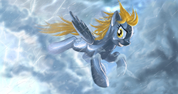 Size: 2045x1080 | Tagged: safe, artist:countcarbon, derpy hooves, pegasus, pony, g4, female, flying, mare, rain, solo