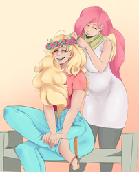 Size: 1961x2432 | Tagged: safe, artist:sundown, applejack, fluttershy, human, g4, eyes closed, feet, flip-flops, flower in hair, humanized, sandals, smiling, winged humanization, wink