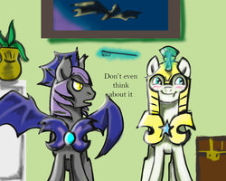 Size: 1024x819 | Tagged: safe, artist:no-shining-knight, bat pony, pony, armor, blushing, brushie, glare, helmet, magic, open mouth, royal guard, smiling, spread wings, telekinesis, toothbrush