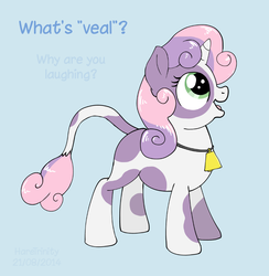 Size: 900x922 | Tagged: safe, artist:haretrinity, sweetie belle, cow, g4, calf, cowbelle, dark comedy, female, imminent death, imminent vore, milka, oh no, solo, species swap, this will end in tears, this will end in tears and/or death, veal, we are going to hell