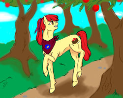 Size: 1024x819 | Tagged: safe, artist:no-shining-knight, apple bloom, g4, apple, female, older, solo, tree