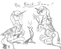 Size: 1024x819 | Tagged: safe, artist:no-shining-knight, philomena, princess celestia, princess luna, phoenix, g4, monochrome