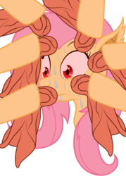 Size: 735x1024 | Tagged: safe, fluttershy, g4, bust, fangs, flutterbat, meme, multiple arms, portrait, red eyes, shrunken pupils, simple background, sweat, sweatdrops, sweating profusely, sweating towel guy, transparent background