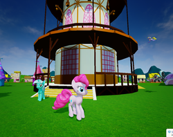 Size: 1049x829 | Tagged: safe, screencap, lyra heartstrings, pinkie pie, thunderlane, earth pony, pony, g4, 3d, female, mare, oculus rift, ponyville, ponyville town hall, ponyvrville, town hall