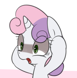 Size: 742x751 | Tagged: safe, artist:maren, sweetie belle, g4, :o, bust, head in hooves, oh no, open mouth, shrunken pupils, simple background, solo, sweetierpg, uh oh, white background, worried