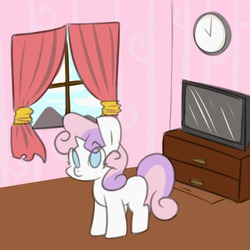 Size: 1000x1000 | Tagged: safe, artist:maren, sweetie belle, g4, clock, curtains, full body, no catchlights, no pupils, room, solo, sweetierpg, television, window