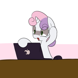 Size: 1280x1280 | Tagged: safe, artist:maren, sweetie belle, g4, :o, bust, computer, hoof on head, laptop computer, oh no, open mouth, shrunken pupils, solo, sweetierpg, uh oh, worried