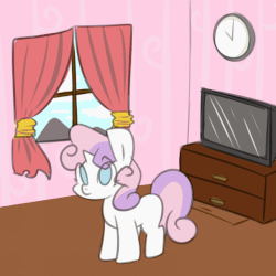 Size: 500x500 | Tagged: safe, artist:maren, sweetie belle, g4, animated, blinking, clock, female, looking at you, sweetierpg, television, window, wrong eye color