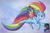 Size: 1200x786 | Tagged: safe, artist:chubby-kirin, rainbow dash, pegasus, pony, g4, female, flying, mare, rainbow power, smiling, smirk, solo, wings