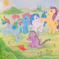 Size: 1280x1280 | Tagged: safe, artist:glownshowpony, bow tie (g1), lemon drop, majesty, spike, sunlight (g1), dragon, pony, g1, g4, female, male, tail bow