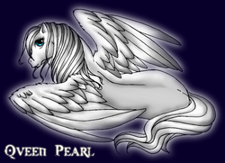Size: 629x456 | Tagged: safe, artist:glownshowpony, princess tiffany, pegasus, pony, fanfic:the twilight requiem, g1, 2012, fanfic, fanfic art, female, looking at you, looking back, looking back at you, mare, on side, princess pearl, purple background, simple background, smiling, solo, spread wings