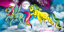 Size: 1280x649 | Tagged: safe, artist:glownshowpony, masquerade (g1), starglow, pegasus, pony, g1, my little pony tales, cloud, duo, flying, moon