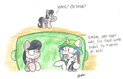 Size: 2073x1347 | Tagged: safe, artist:bobthedalek, dj pon-3, octavia melody, vinyl scratch, oc, oc:mixed melody, oc:octavia's mother, earth pony, pony, unicorn, g4, binoculars, couch, female, helmet, hiding, traditional art