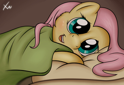 Size: 3907x2677 | Tagged: safe, artist:fluffyxai, fluttershy, pony, g4, bed, cute, female, high res, pov, solo