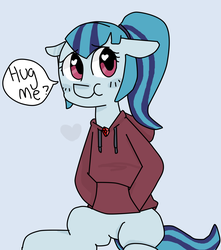 Size: 2370x2681 | Tagged: safe, artist:meowing-ghost, sonata dusk, earth pony, pony, equestria girls, g4, my little pony equestria girls: rainbow rocks, :t, blushing, bronybait, clothes, cute, female, floppy ears, heart, heart eyes, high res, hoodie, hug, hug request, looking at you, mare, ponytail, sitting, smiling, solo, sonatabetes