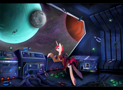 Size: 1280x939 | Tagged: safe, artist:skyeypony, oc, oc only, oc:starskip, solo, space, spaceship, sword, zero gravity