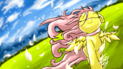 Size: 1920x1080 | Tagged: safe, artist:ostichristian, fluttershy, g4, female, happy, scenery, smiling, solo, windswept mane