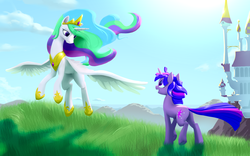 Size: 5775x3612 | Tagged: safe, artist:nadnerbd, princess celestia, twilight sparkle, alicorn, pony, unicorn, g4, beautiful, butt, canterlot, canterlot castle, celestia's crown, duo, female, grass, grass field, hoof shoes, landing, large wings, lighting, long mane, long tail, looking at each other, looking at someone, mare, mountain, mountain range, peytral, plot, princess shoes, raised hoof, raised leg, shadows, slender, smiling, spread wings, tail, thin, unicorn twilight, wind, windswept mane, windswept tail, wings