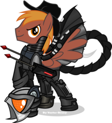Size: 2815x3105 | Tagged: safe, artist:vector-brony, oc, oc only, oc:calamity, pegasus, pony, fallout equestria, armor, battle saddle, dashite, enclave armor, energy weapon, fallout, fanfic, fanfic art, gun, hat, high res, hooves, magical energy weapon, male, novasurge rifle, power armor, simple background, smiling, solo, stallion, transparent background, weapon, wings