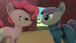 Size: 900x506 | Tagged: safe, maud pie, pinkie pie, g4, 3d, eye contact, frown, smirk, smug, source filmmaker