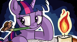 Size: 1000x543 | Tagged: safe, artist:foudubulbe, twilight sparkle, alicorn, butterfly, pony, g4, candle, female, mare, mouth hold, pencil, solo, tired, twilight sparkle (alicorn)