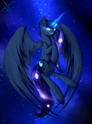 Size: 2920x3920 | Tagged: safe, artist:razley, princess luna, g4, female, glowing eyes, grin, high res, large wings, magic, smiling, solo, space, spread wings, stars