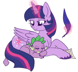 Size: 500x465 | Tagged: safe, artist:lulubell, spike, twilight sparkle, alicorn, dragon, pony, g4, cuddling, cute, female, magic, mama twilight, mare, quill, scroll, simple background, sleeping, snuggling, spikabetes, spikelove, transparent background, twilight sparkle (alicorn)