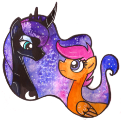 Size: 2356x2328 | Tagged: safe, artist:grocerystorephobic, princess luna, scootaloo, g4, high res, song reference, traditional art, watercolor painting