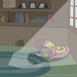 Size: 2000x2000 | Tagged: safe, artist:whatchyagonnado, fluttershy, g4, female, high res, indoors, sad, solo