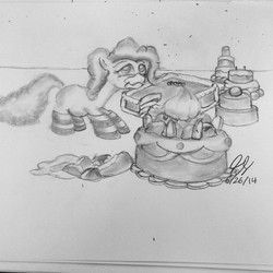 Size: 640x640 | Tagged: safe, artist:jstuart2006, pinkie pie, g4, cake, chocolate, clothes, cute, eating, female, frosting, grayscale, monochrome, party, socks, solo