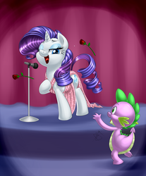 Size: 1200x1450 | Tagged: safe, artist:pia-sama, rarity, spike, pony, unicorn, g4, clothes, dress, female, male, mare, microphone, rose, ship:sparity, shipping, singing, song, straight