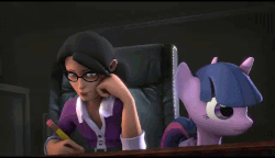 Size: 640x368 | Tagged: safe, artist:ferexes, twilight sparkle, alicorn, human, pony, g4, 3d, animated, caught, chair, eye contact, female, gritted teeth, looking away, mare, miss pauling, nervous, peeking, pencil, sitting, smiling, source filmmaker, surprised, team fortress 2, twilight sparkle (alicorn), wide eyes, writing