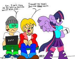 Size: 1009x792 | Tagged: safe, artist:dragonboi471, twilight sparkle, human, equestria girls, g4, clothes, computer, humanized, laptop computer, ponied up, skirt, twilight sparkle (alicorn), winged humanization