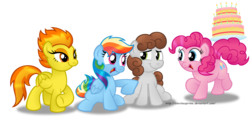 Size: 1600x793 | Tagged: safe, artist:aleximusprime, pinkie pie, rainbow dash, spitfire, oc, oc:dreamer, g4, birthday, birthday cake, cake, rainmer, simple background, transparent background