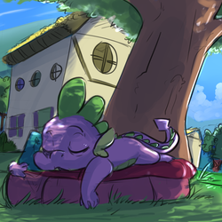 Size: 1024x1024 | Tagged: safe, artist:imsokyo, spike, dragon, daily sleeping spike, g4, book, cute, eyes closed, male, ponyville, prone, shade, sleeping, solo, tree, tumblr