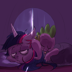 Size: 1024x1024 | Tagged: safe, artist:imsokyo, spike, twilight sparkle, daily life of spike, daily sleeping spike, g4, bed, cute, mama twilight, messy mane, sleeping, spikabetes, tired, tongue out, tumblr, waking up