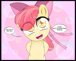 Size: 1000x801 | Tagged: safe, artist:coltsteelstallion, apple bloom, pony, g4, adorabloom, bipedal, cropped, cute, eye clipping through hair, female, hair over one eye, head tilt, looking at you, moe, open mouth, smiling, solo