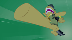 Size: 1280x720 | Tagged: safe, screencap, daring do, pegasus, pony, daring don't, g4, season 4, clothes, female, green background, kick, kicking, mare, nose in the air, open mouth, rings of scorchero, simple background, solo