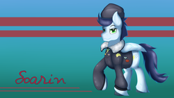 Size: 1024x576 | Tagged: safe, artist:ookamithewolf1, commander easy glider, soarin', g4, ancient wonderbolts uniform, male, old cutie mark, solo, wallpaper