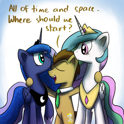 Size: 1200x1200 | Tagged: safe, artist:anticular, doctor whooves, princess celestia, princess luna, time turner, alicorn, earth pony, pony, ask sunshine and moonbeams, g4, eye contact, female, hug, looking at each other, male, mare, necktie, peytral, stallion, tumblr