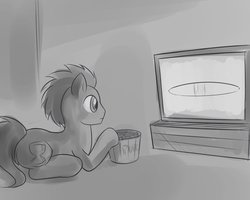 Size: 999x799 | Tagged: safe, artist:drawponies, doctor whooves, time turner, earth pony, pony, g4, food, grayscale, male, monochrome, popcorn, prone, raised hoof, season premiere, solo, stallion, television