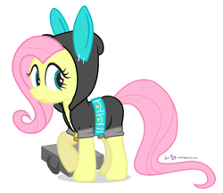 Size: 571x494 | Tagged: safe, artist:dm29, fluttershy, pegasus, pony, g4, bunny ears, clothes, dangerous mission outfit, female, hoodie, mare, raised hoof, simple background, solo, suitcase, vector, white background
