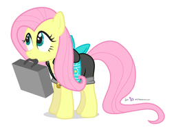 Size: 579x437 | Tagged: safe, artist:dm29, fluttershy, pegasus, pony, g4, bunny ears, clothes, dangerous mission outfit, female, mare, mouth hold, simple background, solo, suitcase, vector, white background