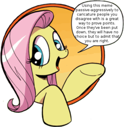 Size: 421x431 | Tagged: safe, idw, fluttershy, friendship is magic #3, g4, my little pony: friendship is magic (idw), bad advice fluttershy, exploitable meme, hypocritical humor, irony, meme, meta, mouthpiece, paradox